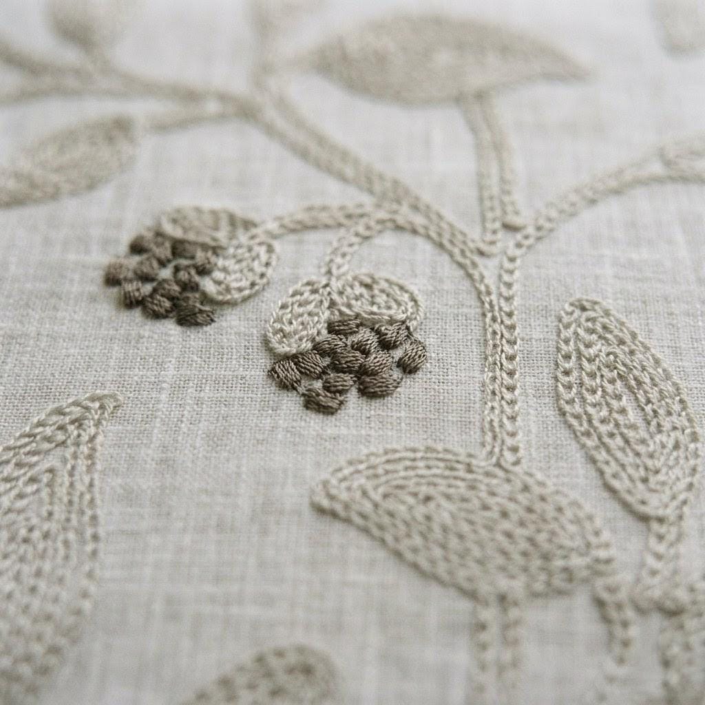 Natural Beige Embroidered Linen Roman Shade, Botanical Vine Custom Corded Blind, Blackout or Cotton Lined