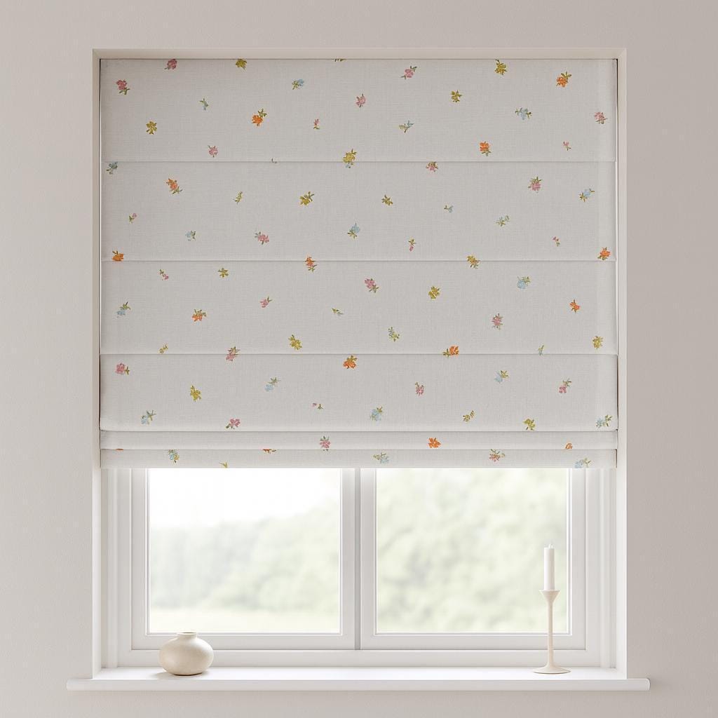 Embroidered Linen Roman Blind - Pastel Floral, Organic Nursery Shade