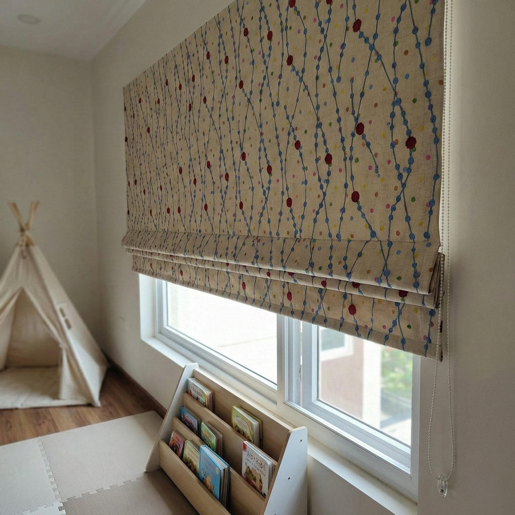 Handmade Linen Roman Shade, Blue Vine & Confetti Dot Embroidery, Nursery Blind