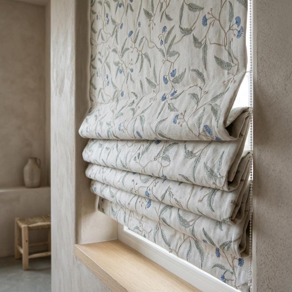Blue Floral Embroidered Linen Roman Shade, Ivory Botanical Blind, Sage Leaf Vine Custom Roman Blind, Blackout or Light Filter