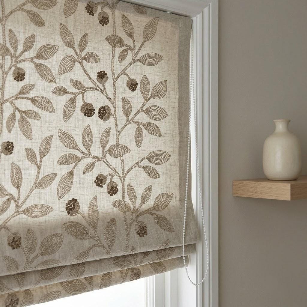 Natural Beige Embroidered Linen Roman Shade, Botanical Vine Custom Corded Blind, Blackout or Cotton Lined