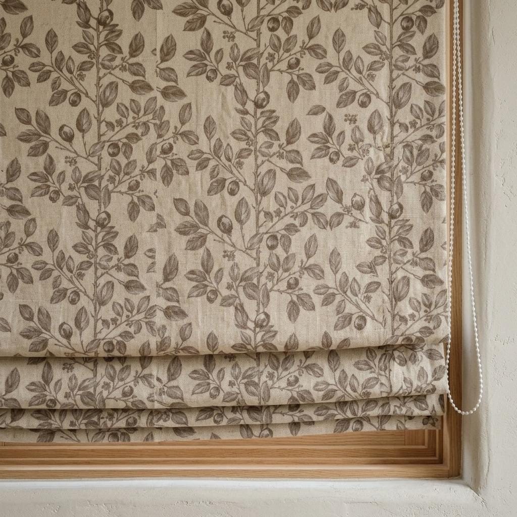 Taupe Botanical Berry Linen Roman Shade, Custom Corded Roman Blind, Neutral Floral Vine Window Shade, Blackout or Lined