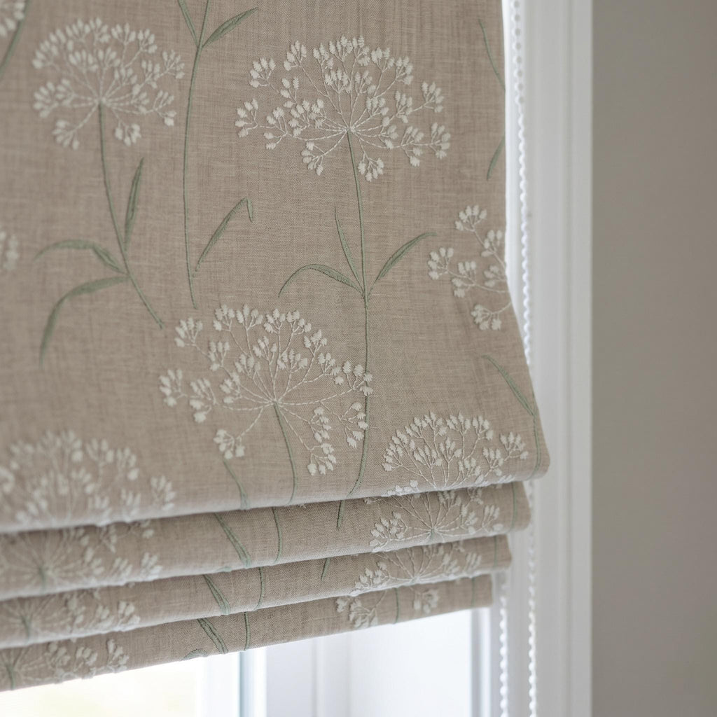 Beige Ivory Wildflower Embroidered Linen Roman Shade, Custom Blackout or Cotton Lined Corded Window Blind, Sage Floral
