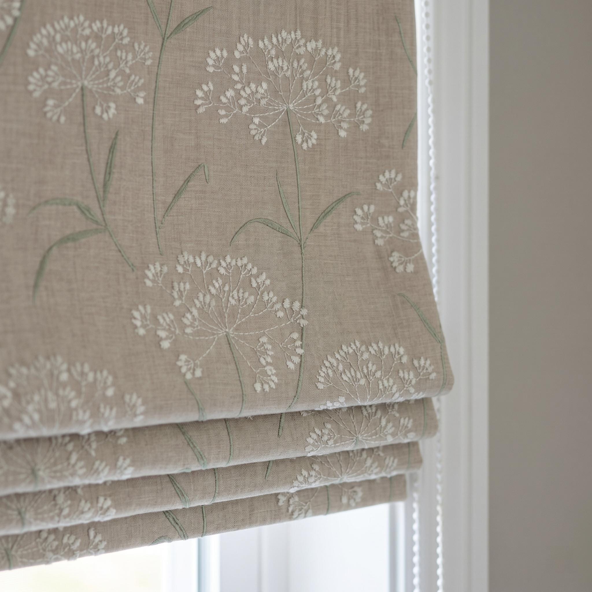 Beige Ivory Wildflower Embroidered Linen Roman Shade, Custom Blackout or Cotton Lined Corded Window Blind, Sage Floral
