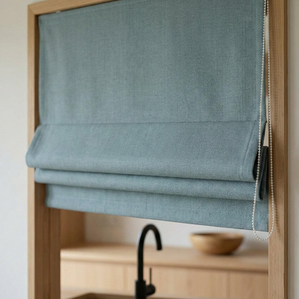 Dusty Blue Linen Roman Shade, Herringbone Corded Blind, Custom Size