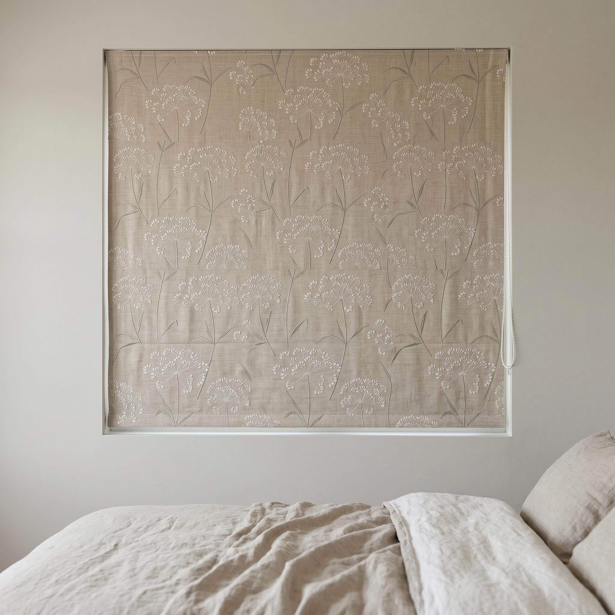Beige Ivory Wildflower Embroidered Linen Roman Shade, Custom Blackout or Cotton Lined Corded Window Blind, Sage Floral