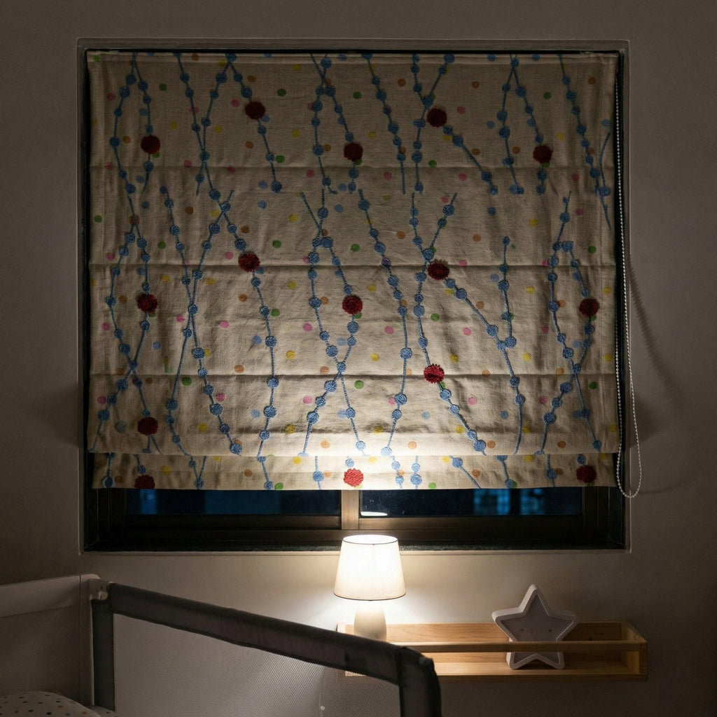 Handmade Linen Roman Shade, Blue Vine & Confetti Dot Embroidery, Nursery Blind
