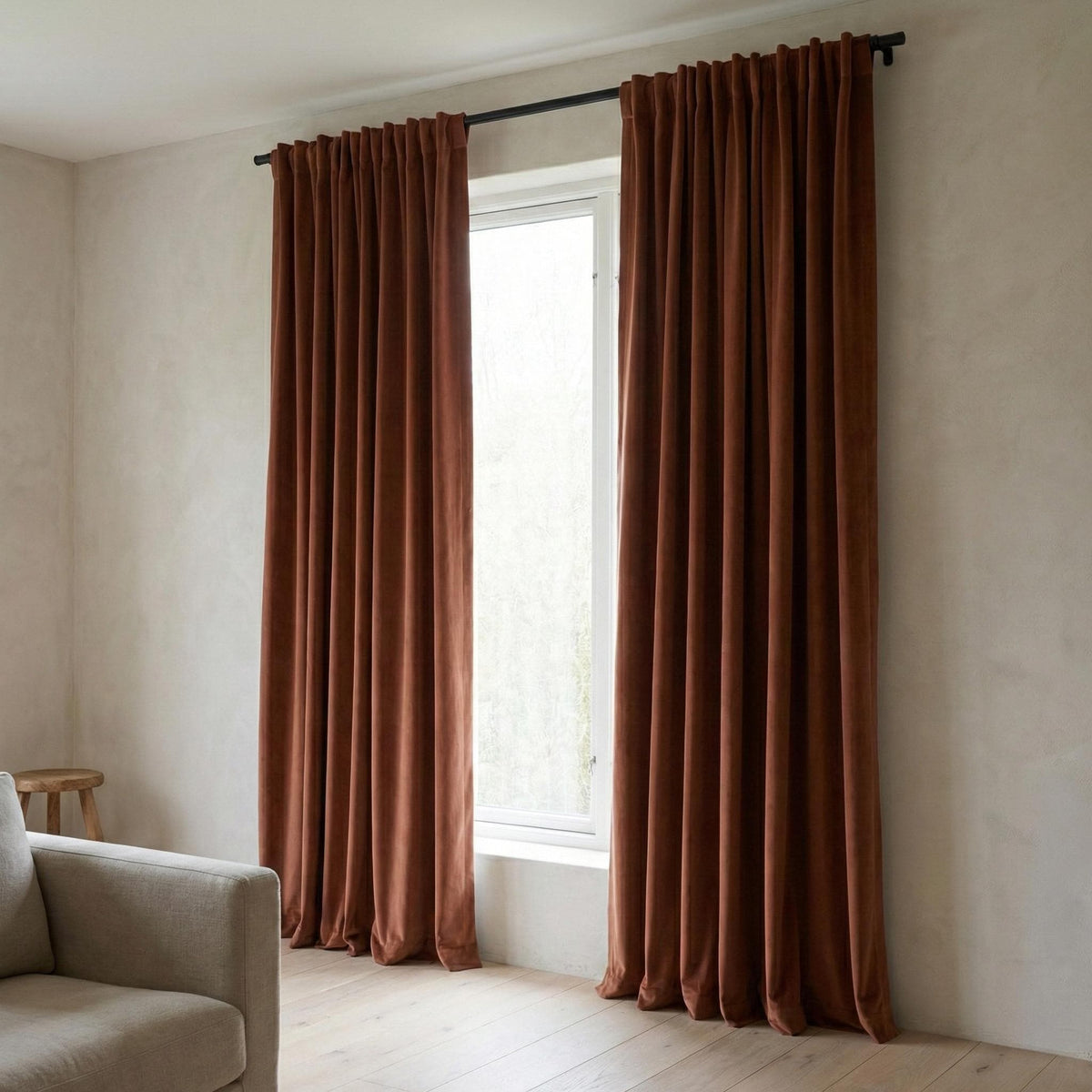 Cognac Brown Velvet Curtains, 320 GSM, Blackout Options, Custom Size