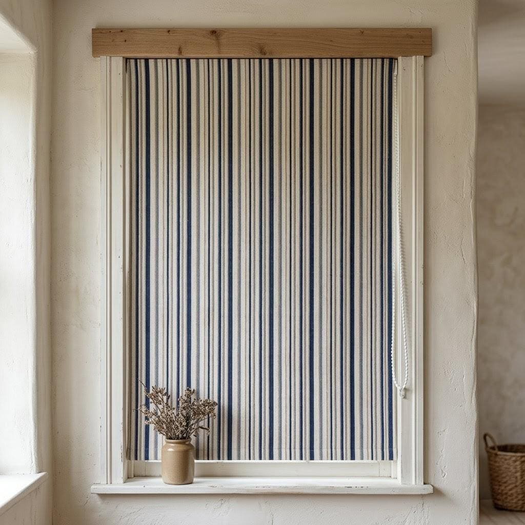 Custom Striped Linen Roman Shades, Navy Blue Beige Farmhouse Window Treatments