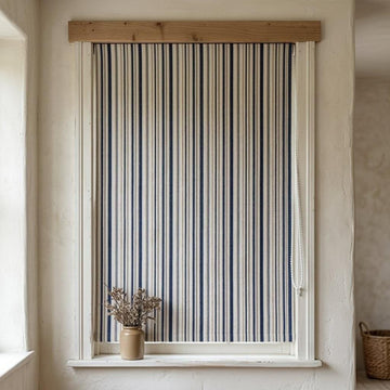 Custom Striped Linen Roman Shades, Navy Blue Beige Farmhouse Window Treatments