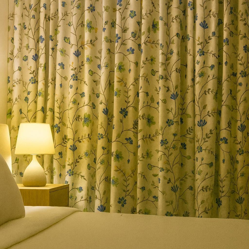 Embroidered Linen Curtain Panel: Blue Green Floral Vines, Blackout