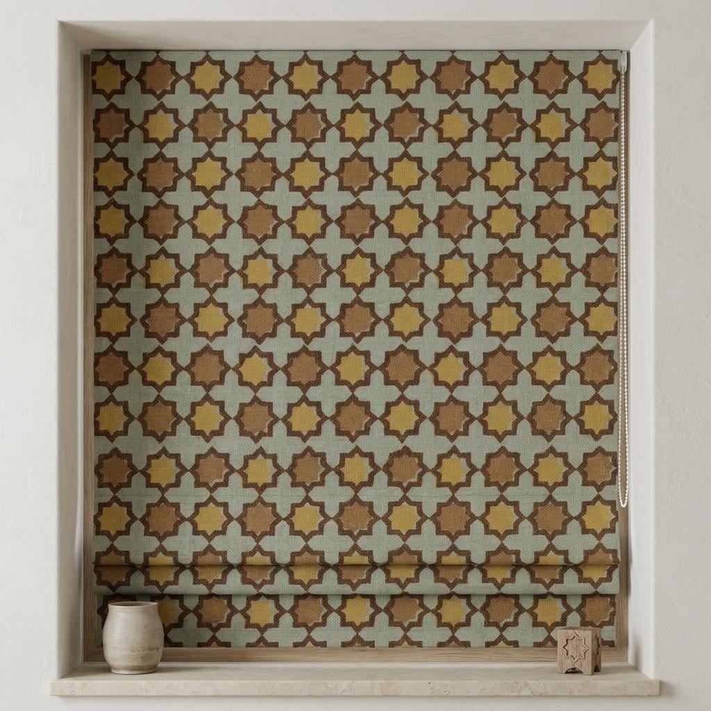 Sage Green Mustard Linen Roman Shade, Brown Moroccan Tile Geometric Custom Corded Blind, Blackout or Light Filtering — image 1