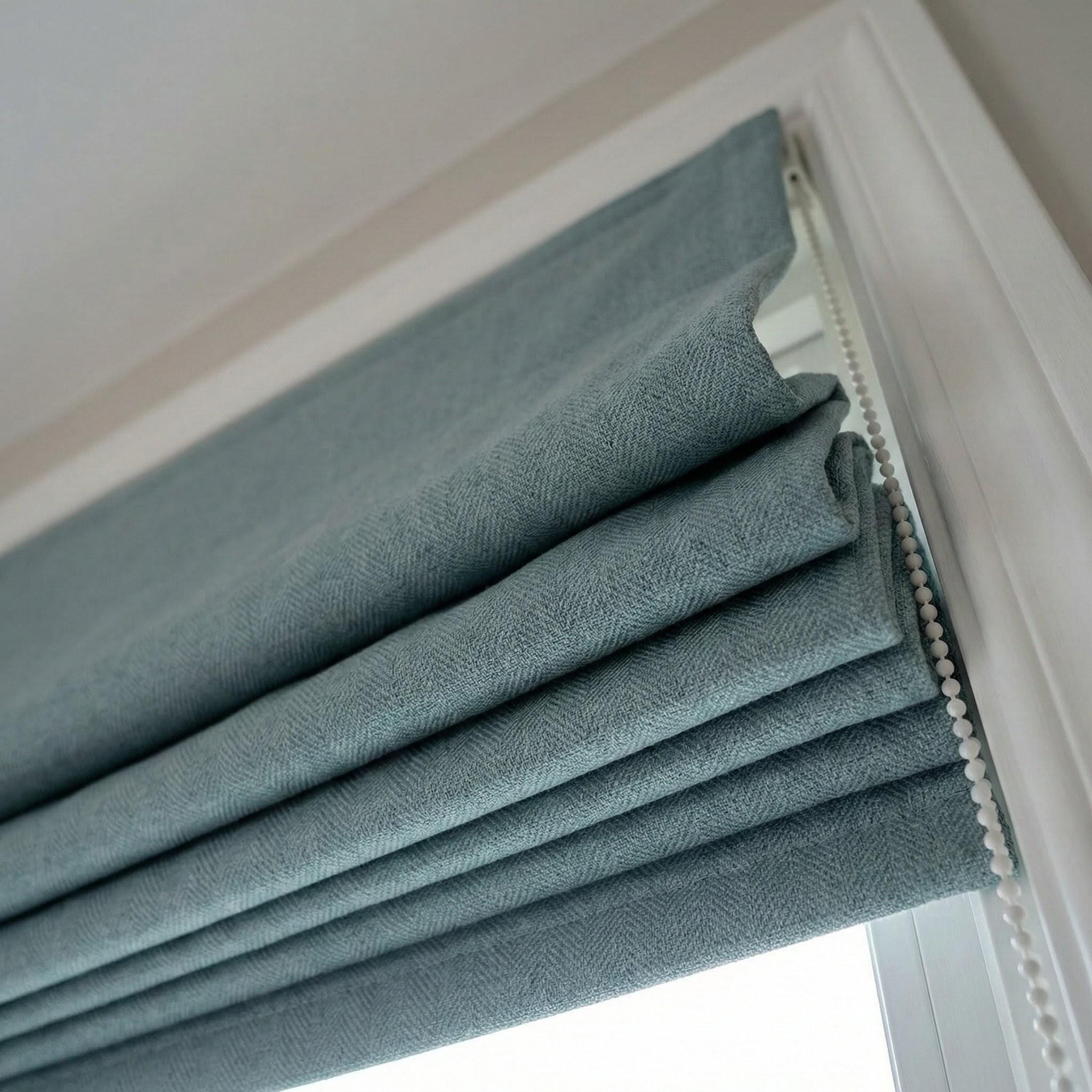 Dusty Blue Linen Roman Shade, Herringbone Corded Blind, Custom Size