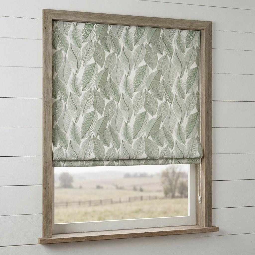 Embroidered Green Botanical Leaf Linen Roman Shade, Custom Corded Window Blind (Blackout Option)