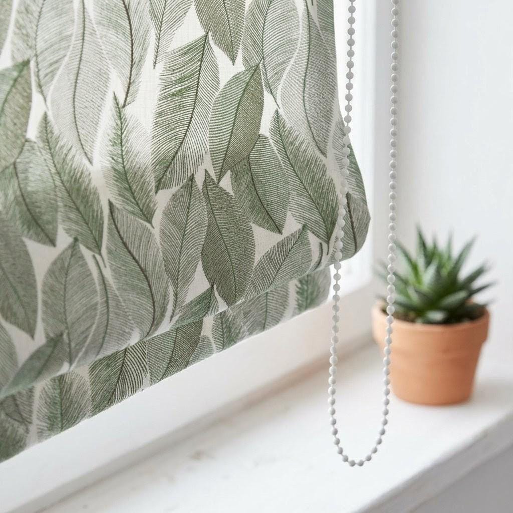 Embroidered Green Botanical Leaf Linen Roman Shade, Custom Corded Window Blind (Blackout Option)