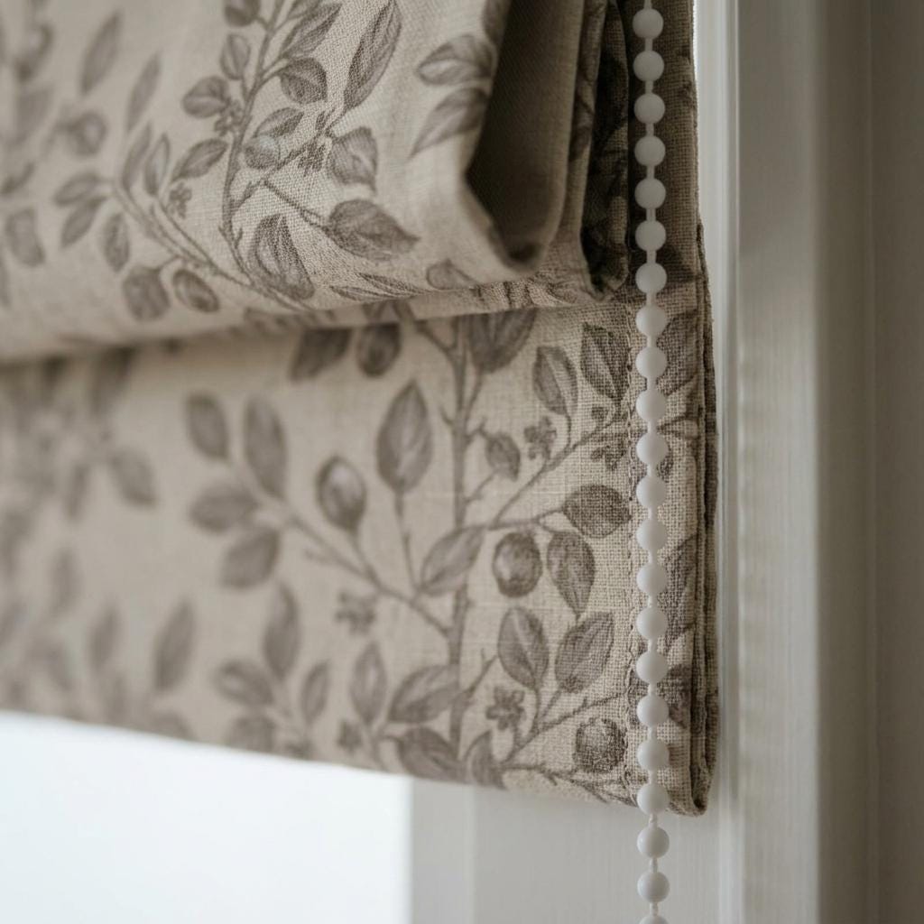 Taupe Botanical Berry Linen Roman Shade, Custom Corded Roman Blind, Neutral Floral Vine Window Shade, Blackout or Lined