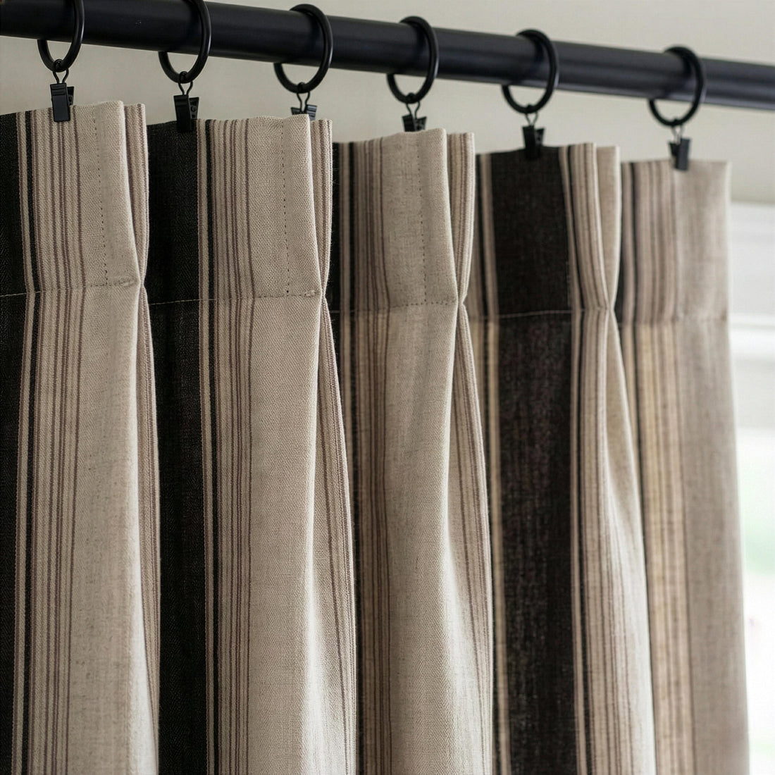 Farmhouse Stripe Pinch Pleat Linen Curtains | Charcoal & Beige Wide Stripe Drapes | Custom Sizes | Cotton or 100% Blackout Liner — image 1