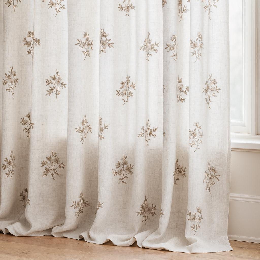 Linen Sheer Curtains: White with Taupe and Sage Floral Embroidery — image 1