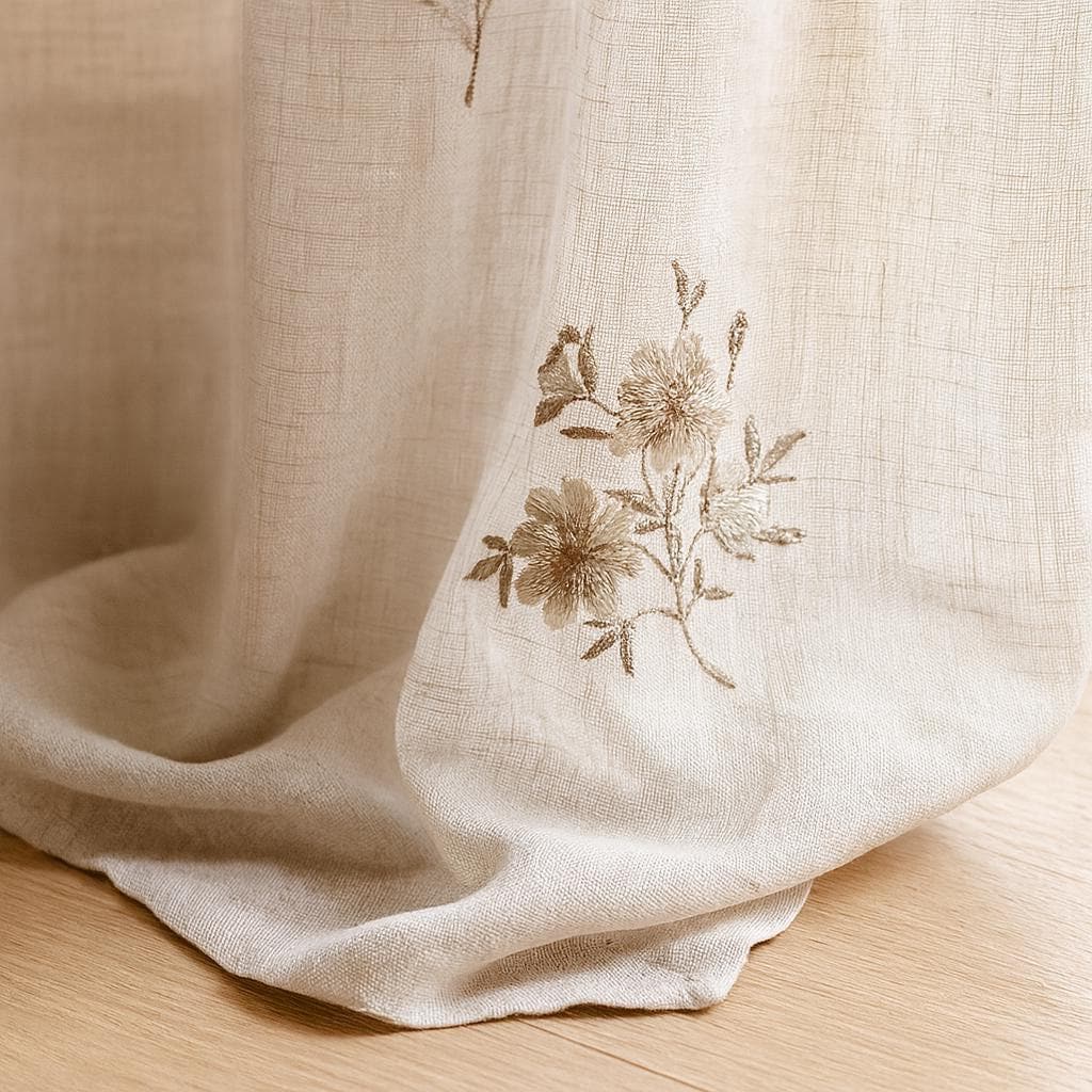 Linen Sheer Curtains: White with Taupe and Sage Floral Embroidery — image 5