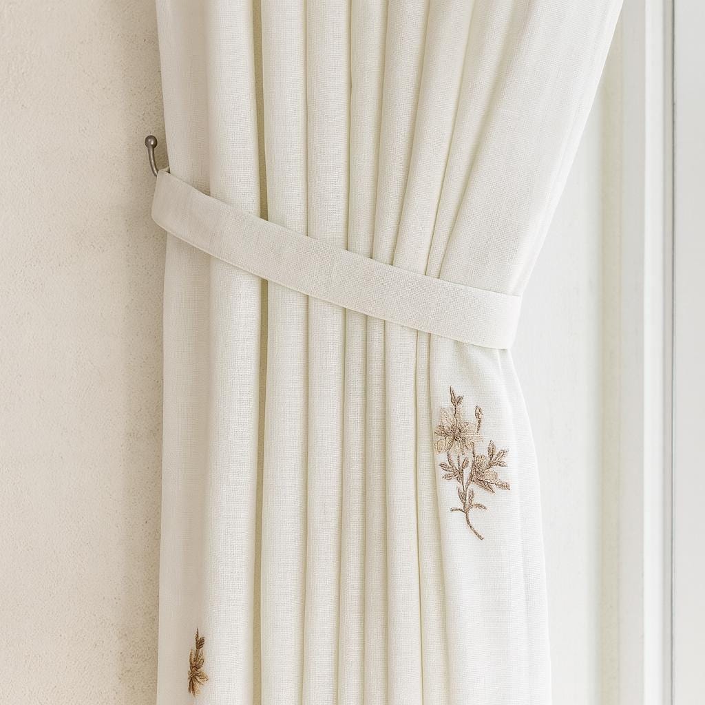 Linen Sheer Curtains: White with Taupe and Sage Floral Embroidery — image 10