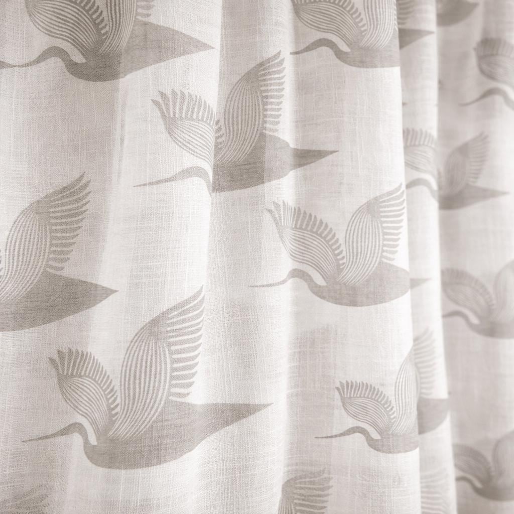 White Linen Sheer Curtains Grey Crane Bird Print | Light Filtering Window Drapes | Custom Sizes | Single or Pair — image 1