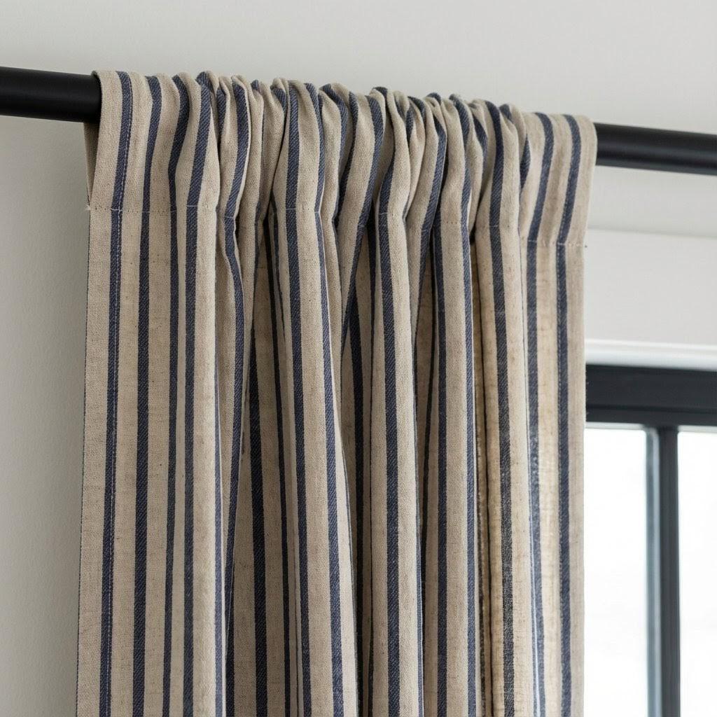 Natural Oatmeal & Navy Stripe Linen Curtains, Farmhouse Ticking Drapes, Custom Extra Long/Wide, Unlined/Cotton Lined/Blackout — image 5