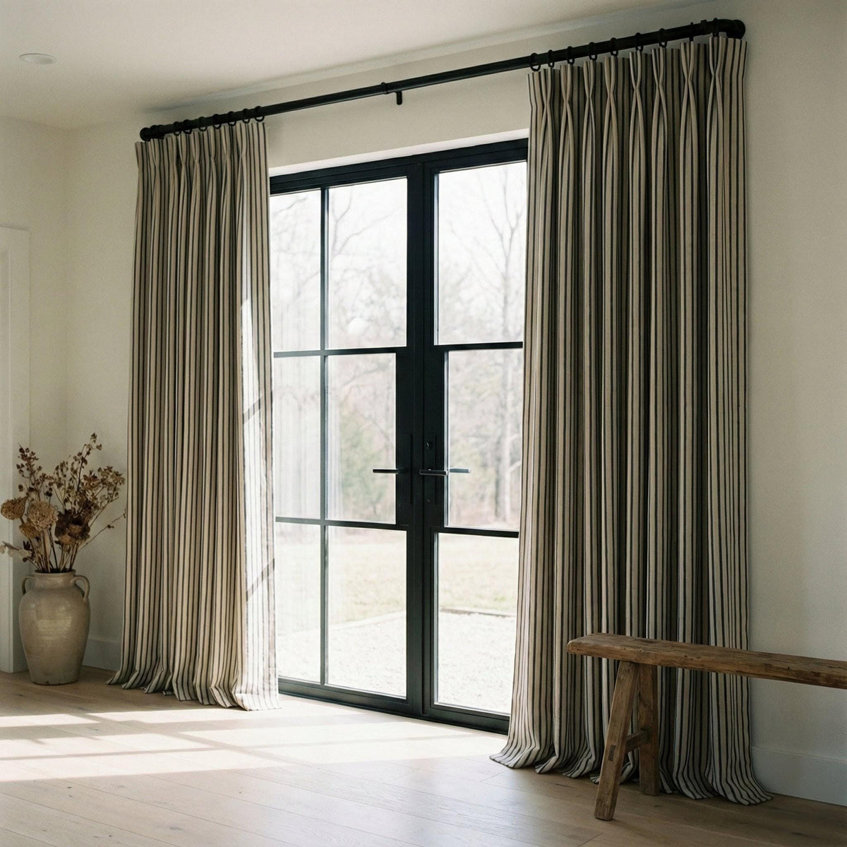 Natural Oatmeal & Navy Stripe Linen Curtains, Farmhouse Ticking Drapes, Custom Extra Long/Wide, Unlined/Cotton Lined/Blackout — image 9