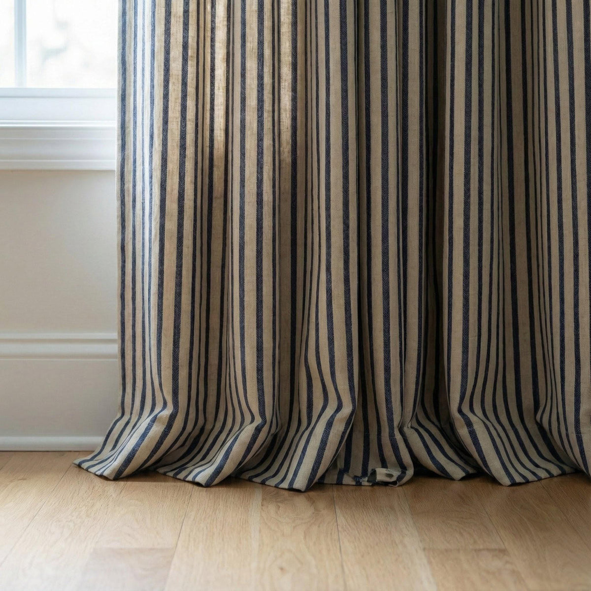 Natural Oatmeal & Navy Stripe Linen Curtains, Farmhouse Ticking Drapes, Custom Extra Long/Wide, Unlined/Cotton Lined/Blackout — image 6