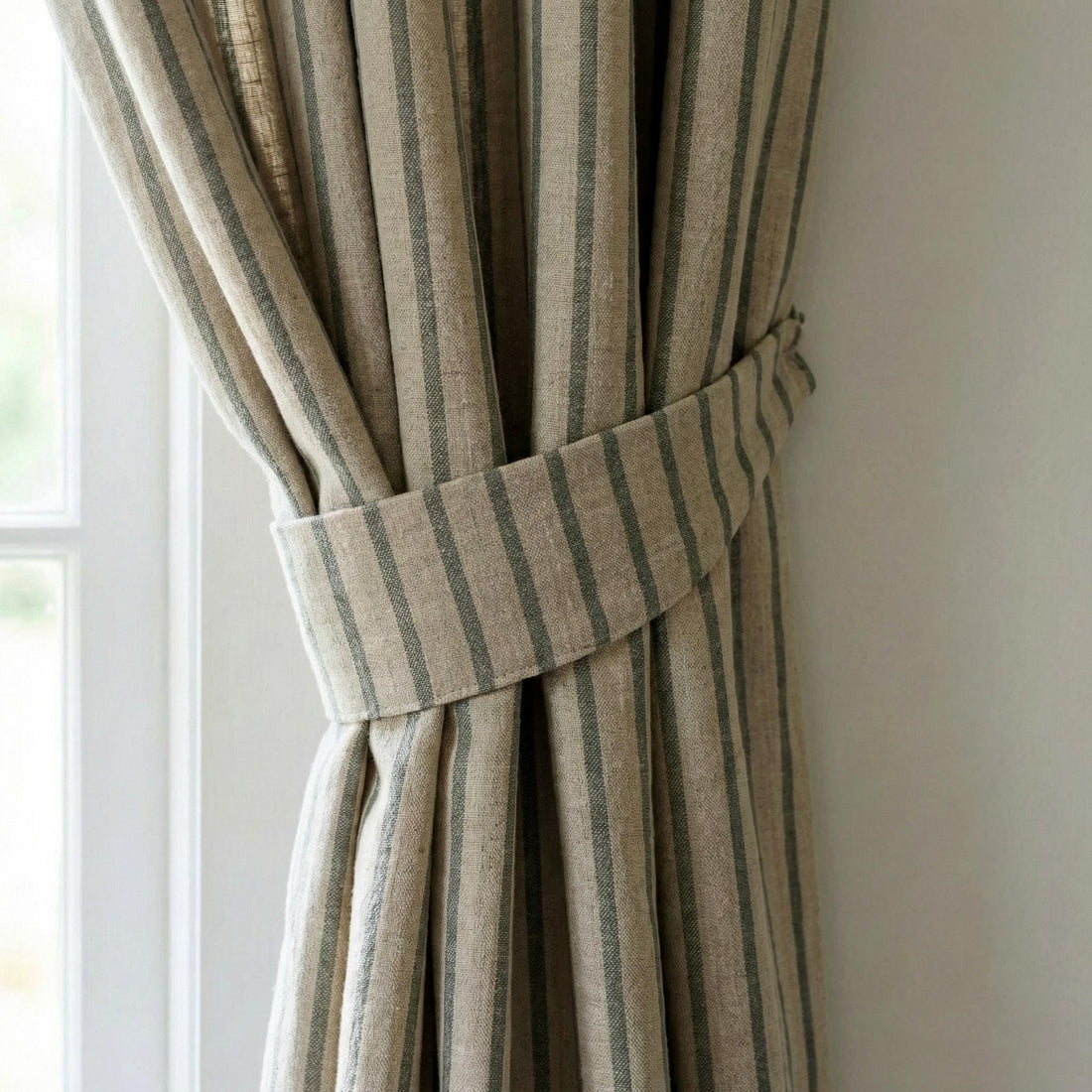 Pure Linen Farmhouse Stripe Curtains, Natural Flax & Sage Green Ticking, Custom Size, Unlined/Cotton Lined/OEKO-TEX Blackout — image 1
