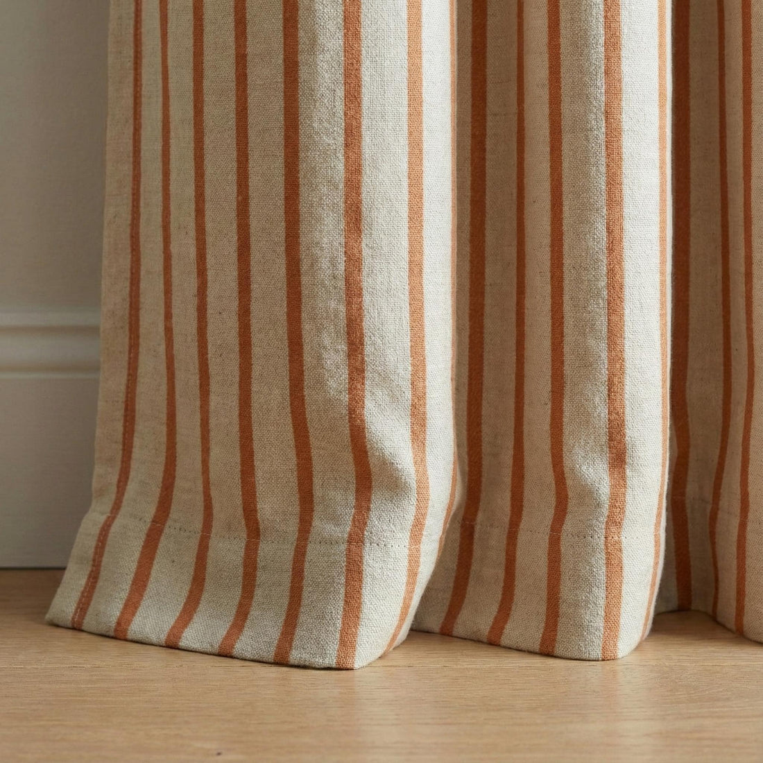 Pure Linen Farmhouse Stripe Curtains, Terracotta Rust on Natural Flax, 50/100" Wide, Custom, Unlined/Lined/Blackout — image 1