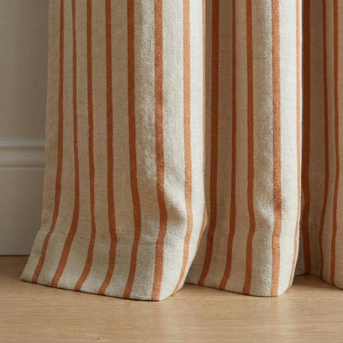 Pure Linen Farmhouse Stripe Curtains, Terracotta Rust on Natural Flax, 50/100" Wide, Custom, Unlined/Lined/Blackout — image 1
