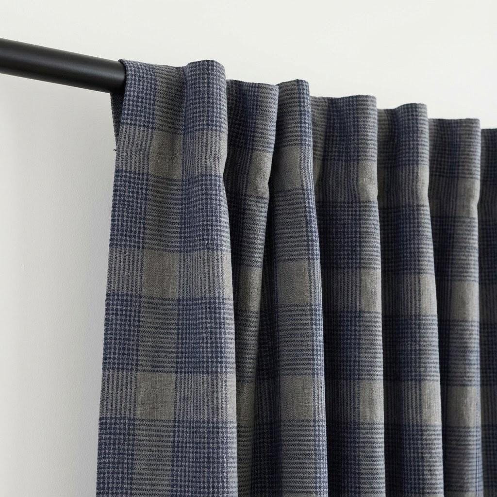 Navy Blue & Grey Plaid Checks Pure Linen Curtains, Farmhouse Window Drapes, Custom Size, Unlined/Cotton Lined/Blackout Option — image 5