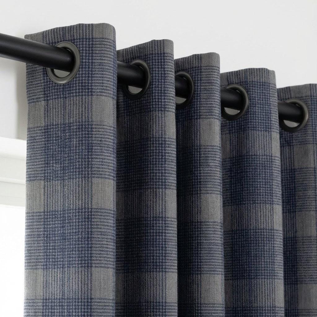Navy Blue & Grey Plaid Checks Pure Linen Curtains, Farmhouse Window Drapes, Custom Size, Unlined/Cotton Lined/Blackout Option — image 1