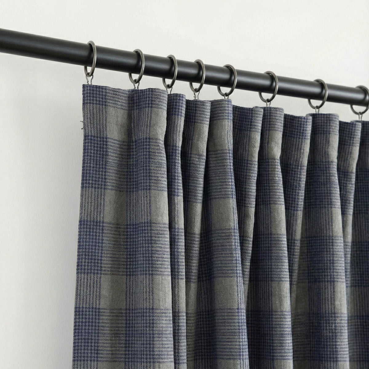 Navy Blue & Grey Plaid Checks Pure Linen Curtains, Farmhouse Window Drapes, Custom Size, Unlined/Cotton Lined/Blackout Option — image 4