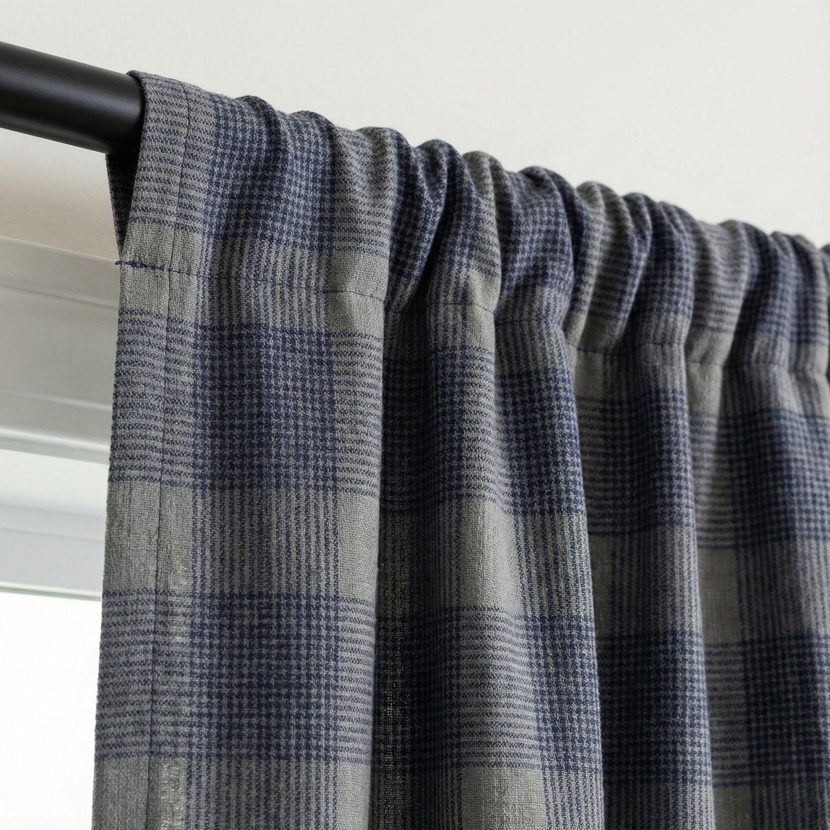 Navy Blue & Grey Plaid Checks Pure Linen Curtains, Farmhouse Window Drapes, Custom Size, Unlined/Cotton Lined/Blackout Option — image 6