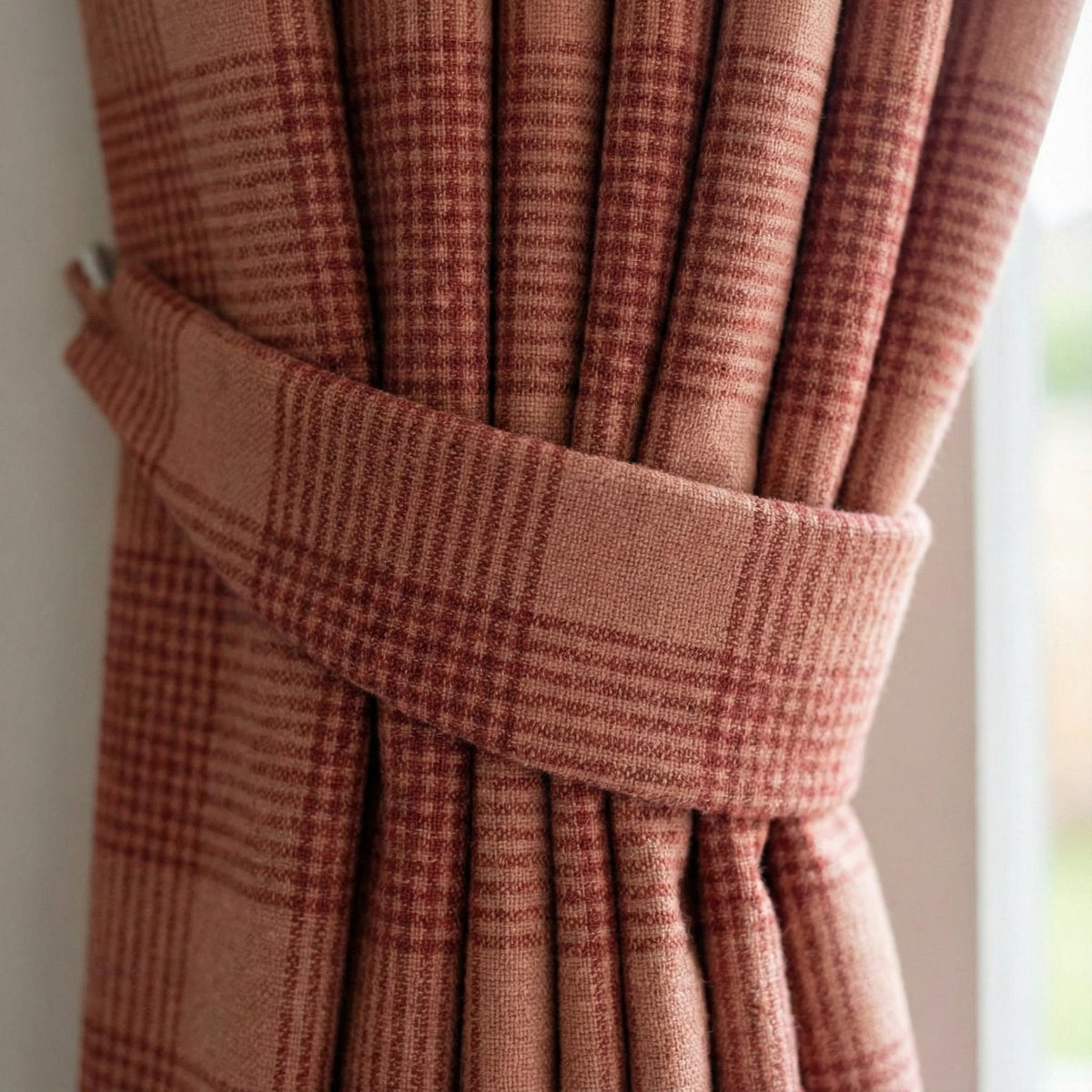 Terracotta & Dusty Rose Check Linen Curtains, Windowpane Plaid Farmhouse Drapes, Custom Size, Unlined/Cotton/Blackout — image 3