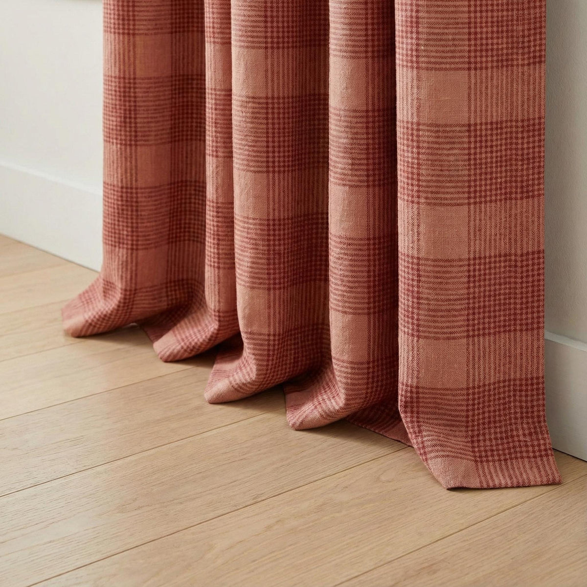 Terracotta & Dusty Rose Check Linen Curtains, Windowpane Plaid Farmhouse Drapes, Custom Size, Unlined/Cotton/Blackout — image 2