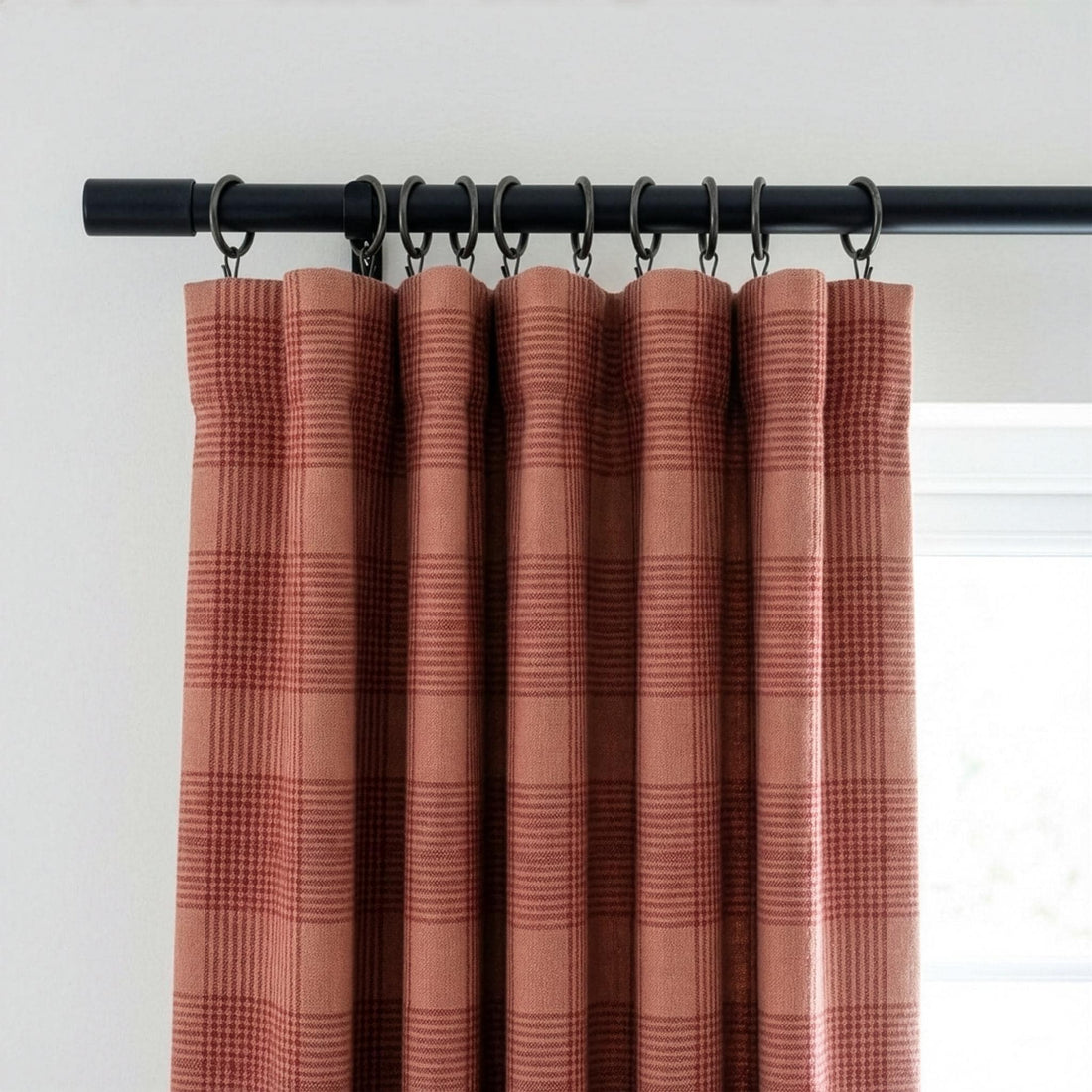 Terracotta & Dusty Rose Check Linen Curtains, Windowpane Plaid Farmhouse Drapes, Custom Size, Unlined/Cotton/Blackout — image 1