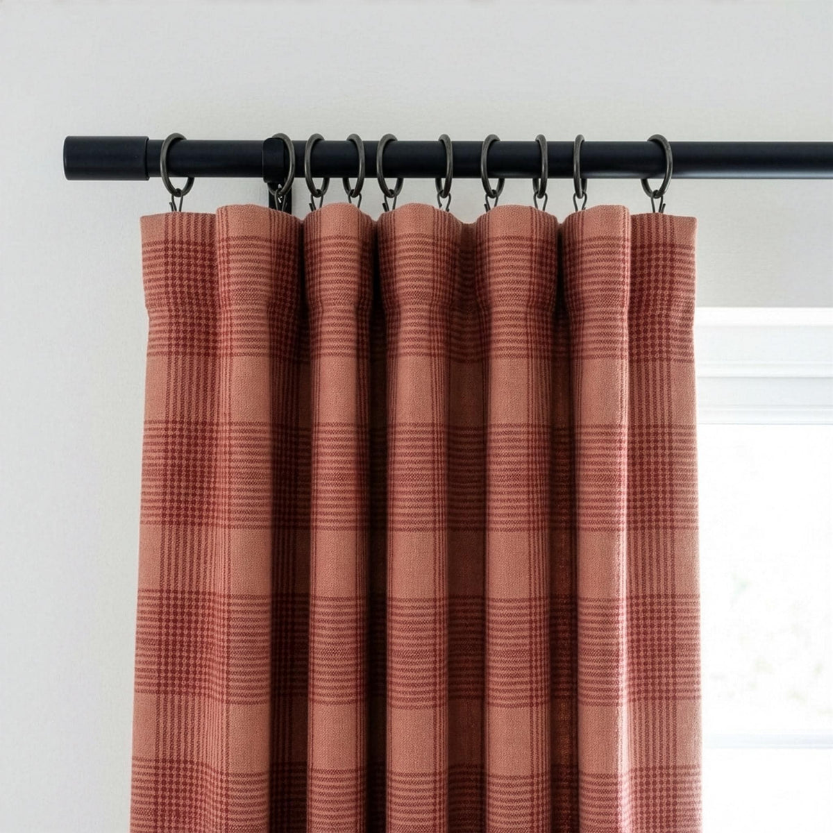 Terracotta & Dusty Rose Check Linen Curtains, Windowpane Plaid Farmhouse Drapes, Custom Size, Unlined/Cotton/Blackout — image 1