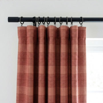 Terracotta & Dusty Rose Check Linen Curtains, Windowpane Plaid Farmhouse Drapes, Custom Size, Unlined/Cotton/Blackout — image 1