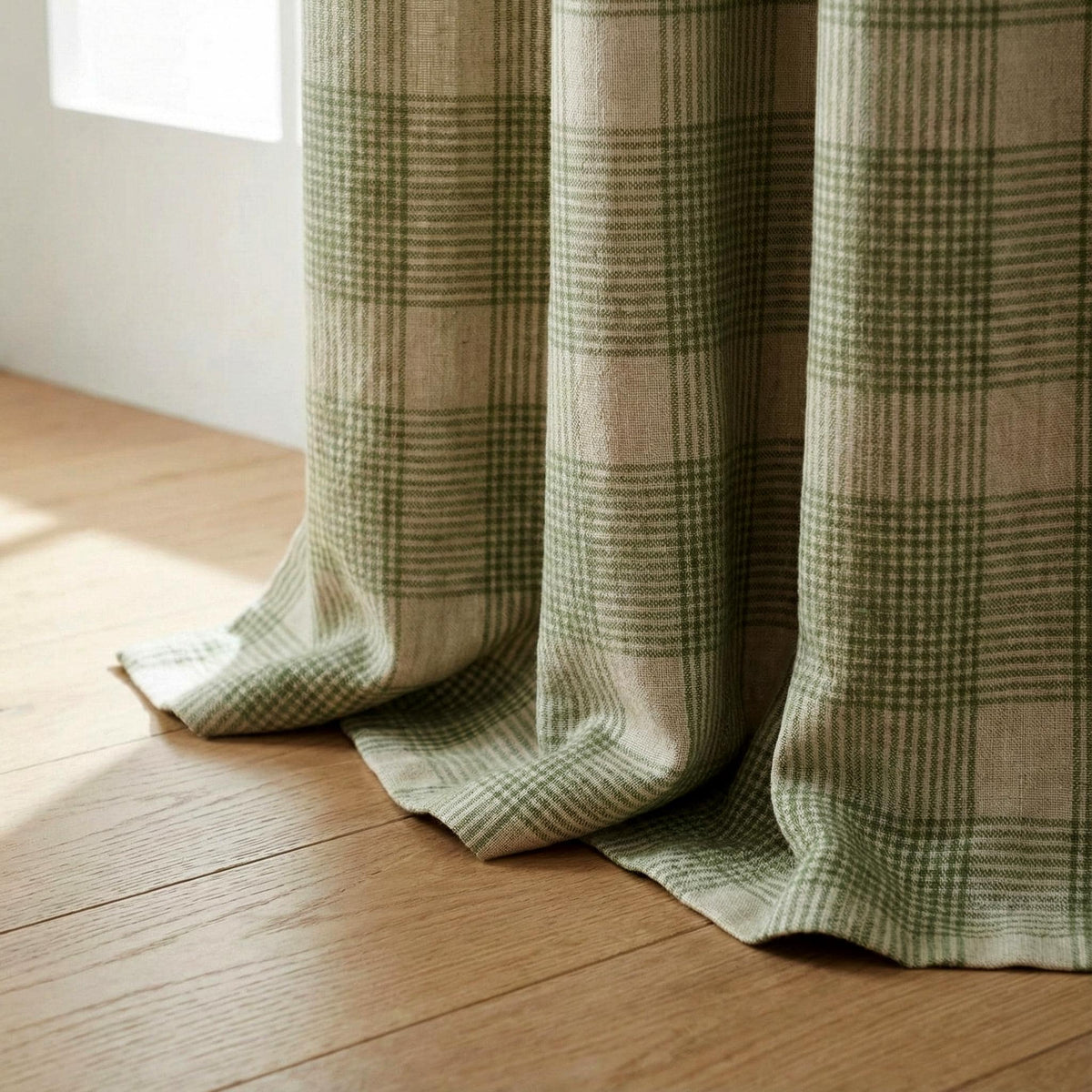 Sage Green Plaid Linen Curtains, Farmhouse Check Drapes, Custom Size, Unlined/Cotton Lined/Blackout Option — image 3