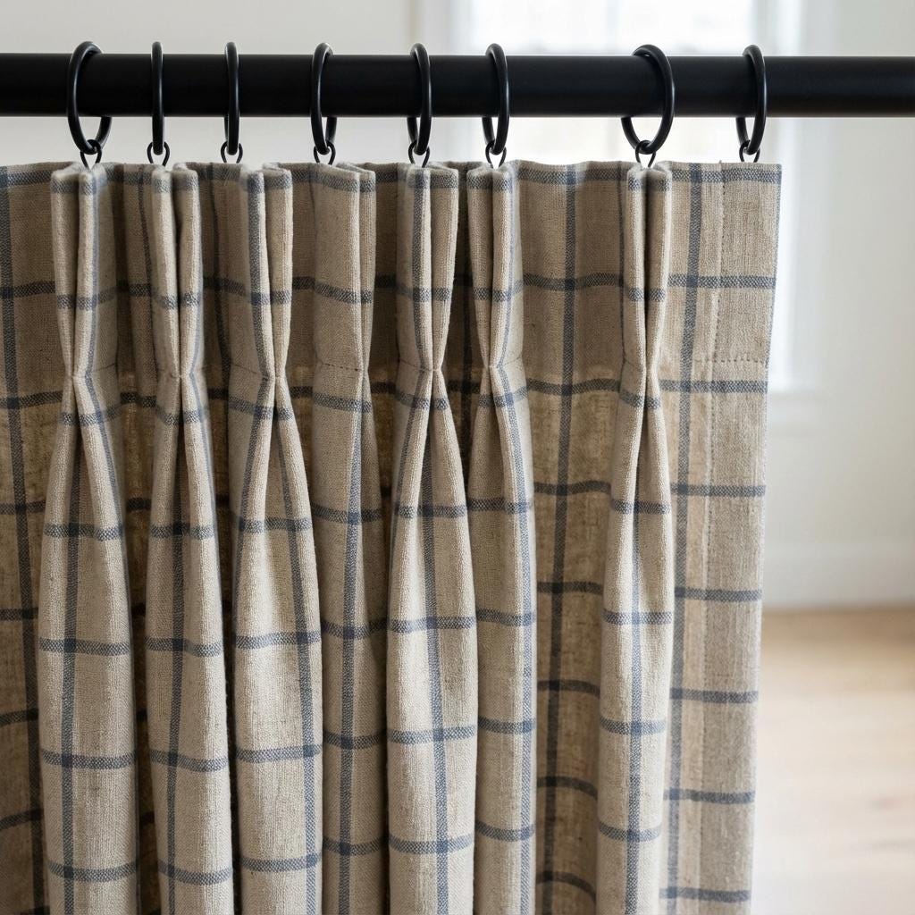 Pinch Pleat Pure Linen Farmhouse Plaid Curtains, Natural Oatmeal + Blue Windowpane Check, Single/Pair, Custom, Lined/Blackout — image 10