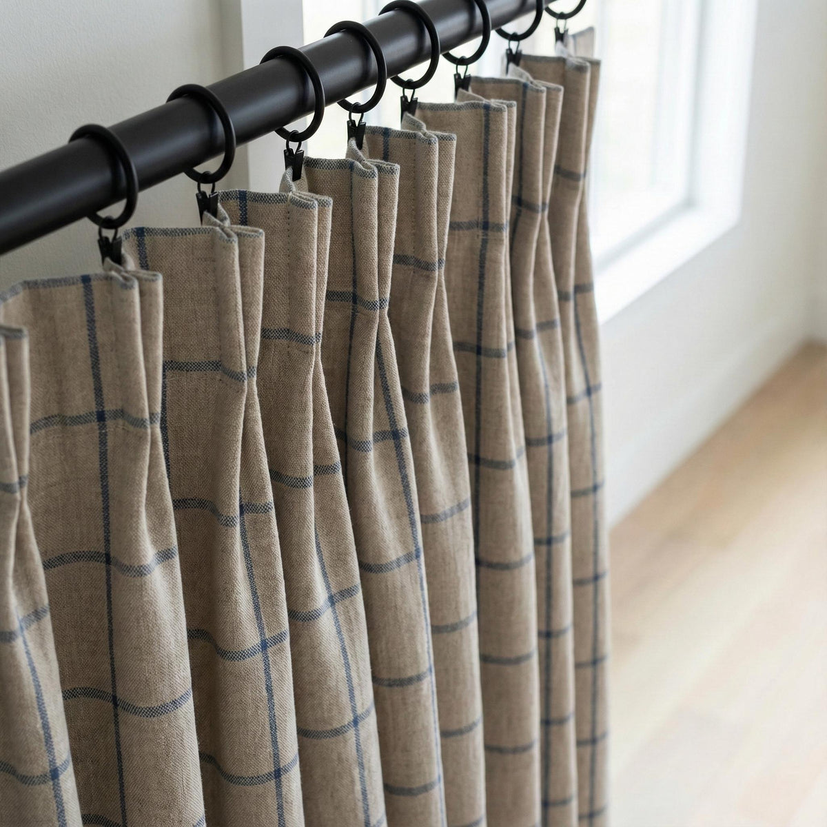 Pinch Pleat Pure Linen Farmhouse Plaid Curtains, Natural Oatmeal + Blue Windowpane Check, Single/Pair, Custom, Lined/Blackout — image 6