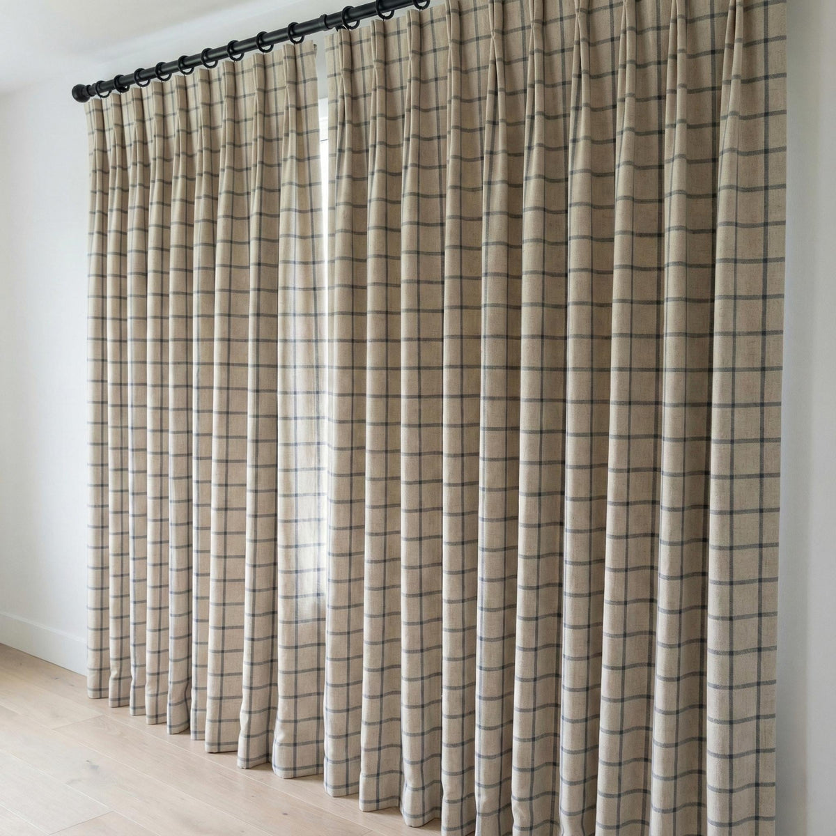 Pinch Pleat Pure Linen Farmhouse Plaid Curtains, Natural Oatmeal + Blue Windowpane Check, Single/Pair, Custom, Lined/Blackout — image 5