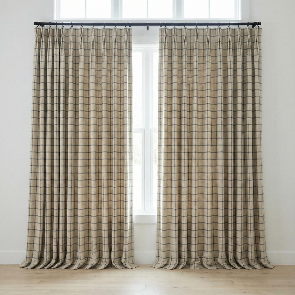 Pinch Pleat Pure Linen Farmhouse Plaid Curtains, Natural Oatmeal + Blue Windowpane Check, Single/Pair, Custom, Lined/Blackout — image 9