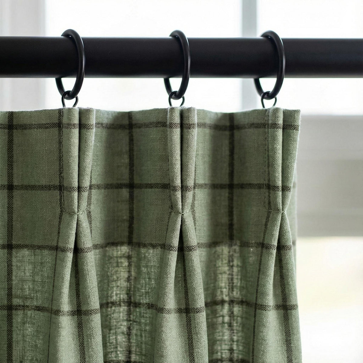 Sage Green Linen Plaid Pinch Pleat Curtains, Farmhouse Windowpane Check, Single/Pair, Custom Size, Lined or Blackout — image 9