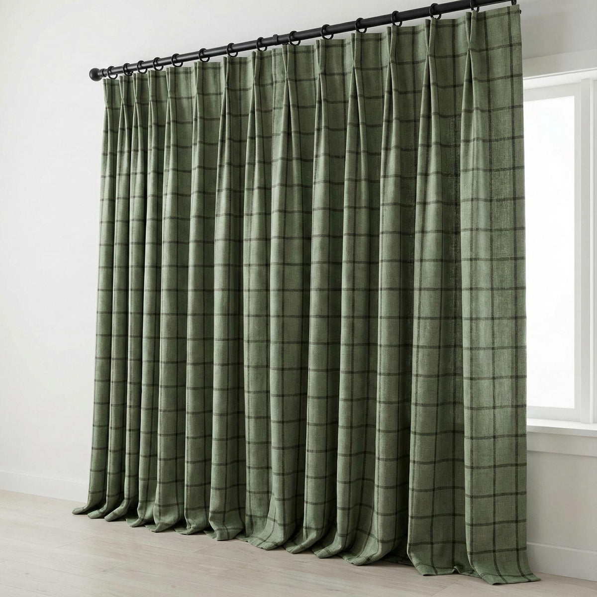 Sage Green Linen Plaid Pinch Pleat Curtains, Farmhouse Windowpane Check, Single/Pair, Custom Size, Lined or Blackout — image 5