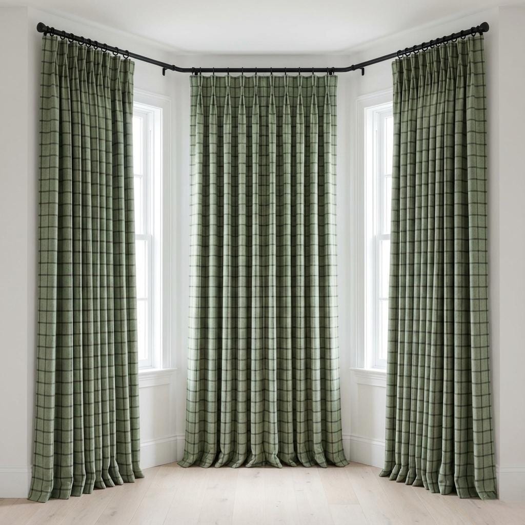 Sage Green Linen Plaid Pinch Pleat Curtains, Farmhouse Windowpane Check, Single/Pair, Custom Size, Lined or Blackout — image 6