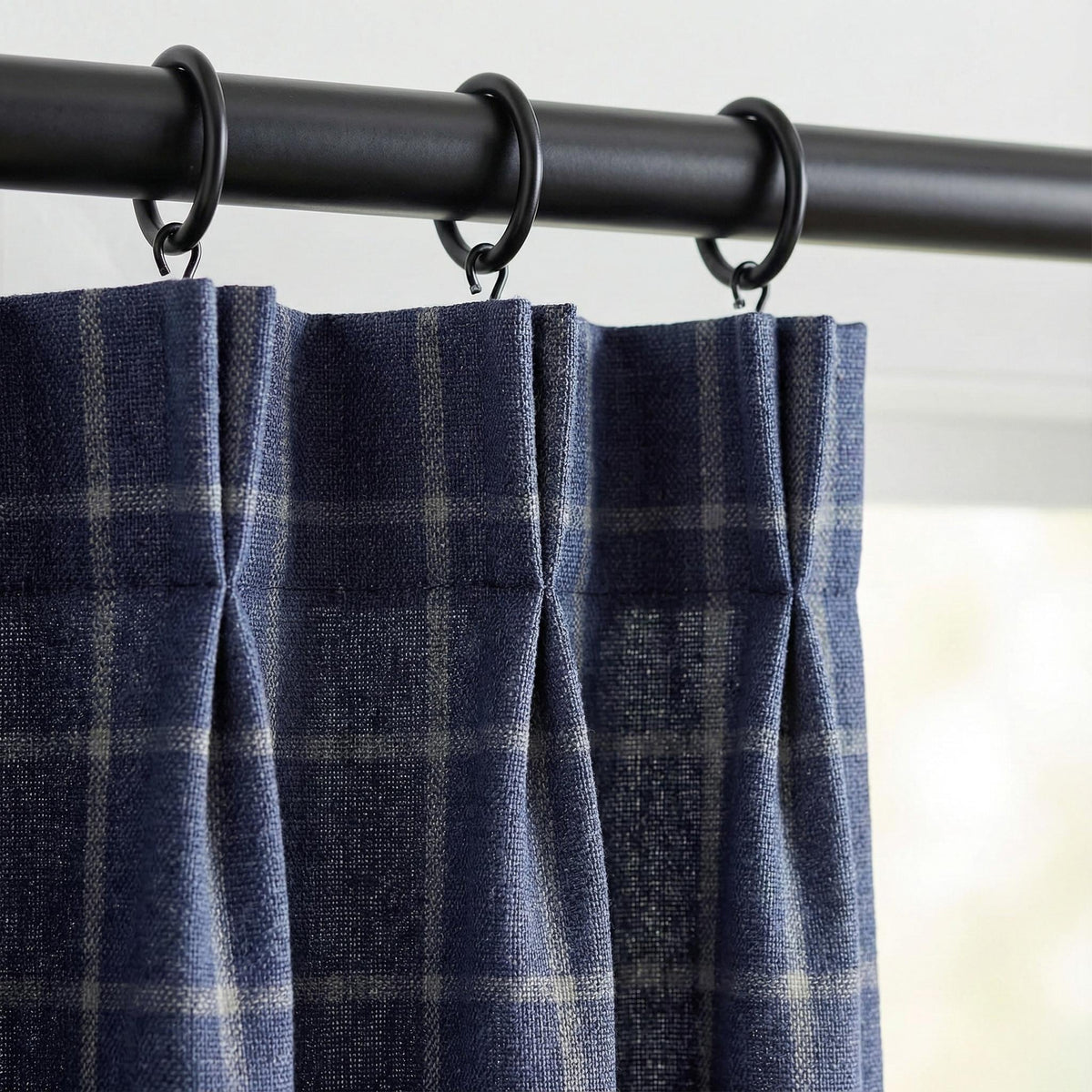 Navy Blue Linen Plaid Pinch Pleat Curtains, Farmhouse Windowpane Check, Single/Pair, Custom Size, Lined or Blackout — image 1