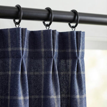 Navy Blue Linen Plaid Pinch Pleat Curtains, Farmhouse Windowpane Check, Single/Pair, Custom Size, Lined or Blackout — image 1